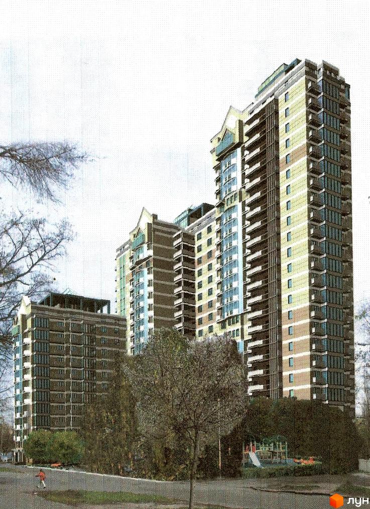 Житловий комплекс Новодарницький з високими будинками та зеленими насадженнями на прибудинковій території.