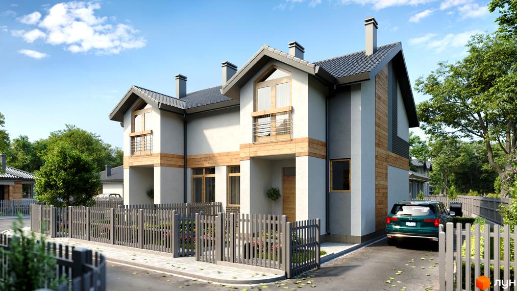 Котеджне містечко КМ Щасливий Хуторок: двоповерхові будинки з дерев'яними елементами та парканом. Прибудинкова територія з дорогою та зеленими насадженнями.