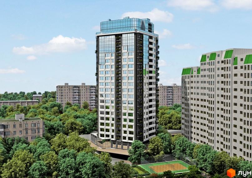 Житловий комплекс Гольфстрім - висотна новобудова з панорамним склінням та зеленню на балконах. Поруч розташовані спортивні майданчики та дерева.