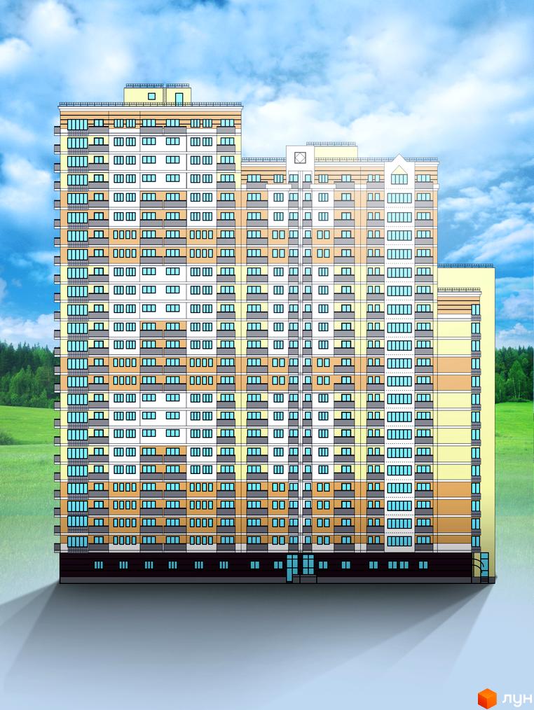 Житловий комплекс Новодарницький з фасадом, що складається з кольорових панелей. Прибудинкова територія з зеленими насадженнями.