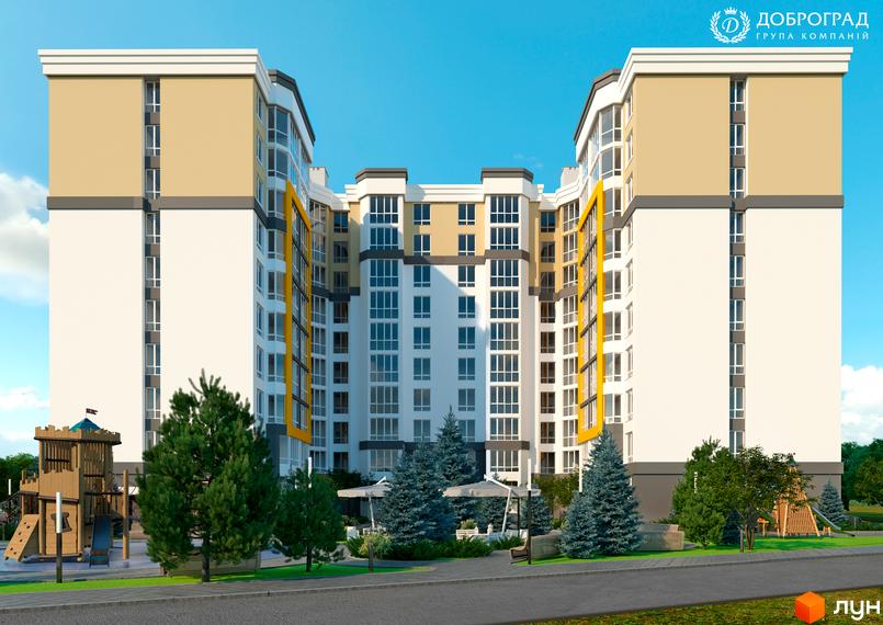 Зображення фасаду Житлового комплексу Чорновола з великими вікнами та прибудинковою територією з дитячим майданчиком. Вигляд новобудови ззовні.