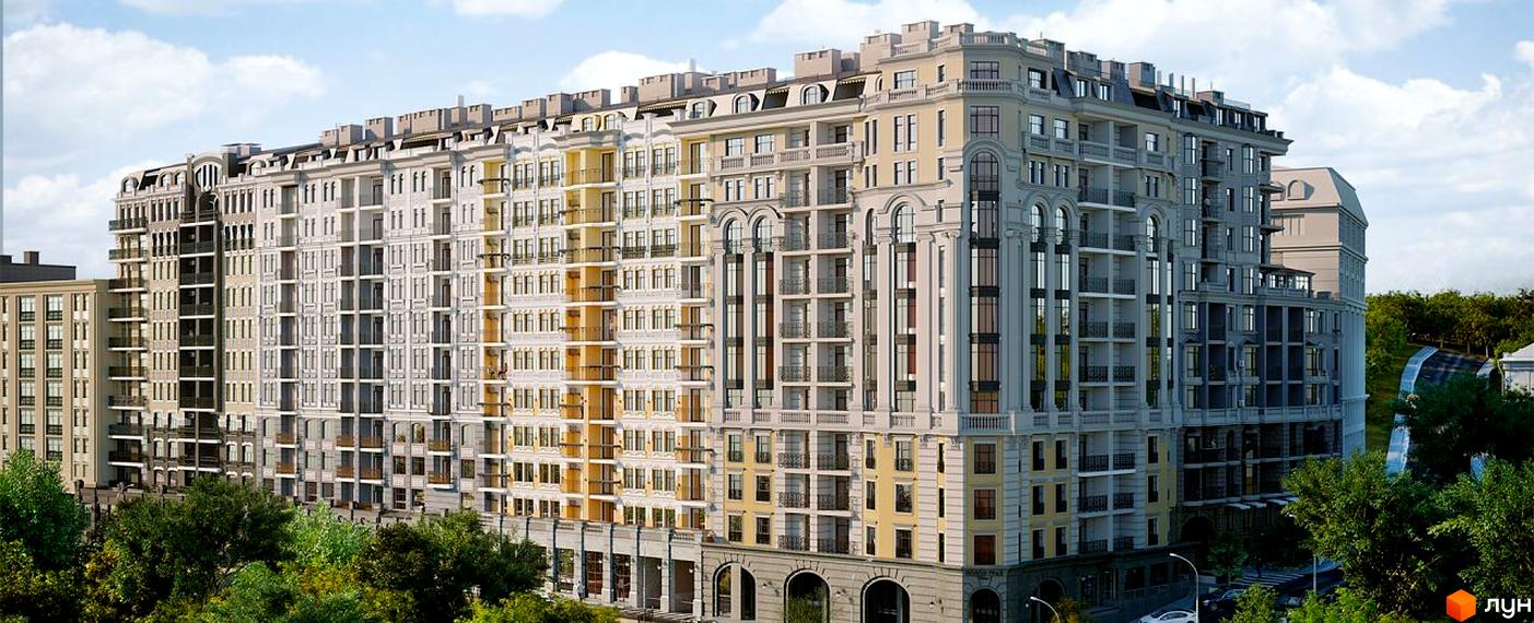 Житловий комплекс Подол Град Vintage. Багатоповерховий будинок з фасадом у класичному стилі. На прибудинковій території видно дерева та зелені насадження.