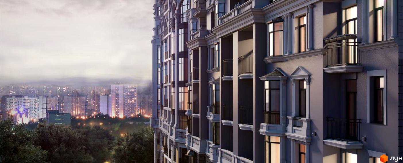 Зображення фасаду будинку Житлового комплексу Подол Град Vintage. Вигляд на місто з вікон новобудови.