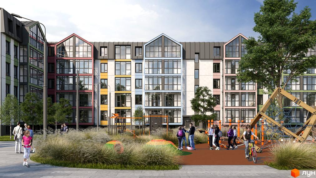 Житловий комплекс Акварель-7 з яскравим фасадом та дитячим майданчиком. На зображенні видно різнокольорові секції будинку та зелену зону.