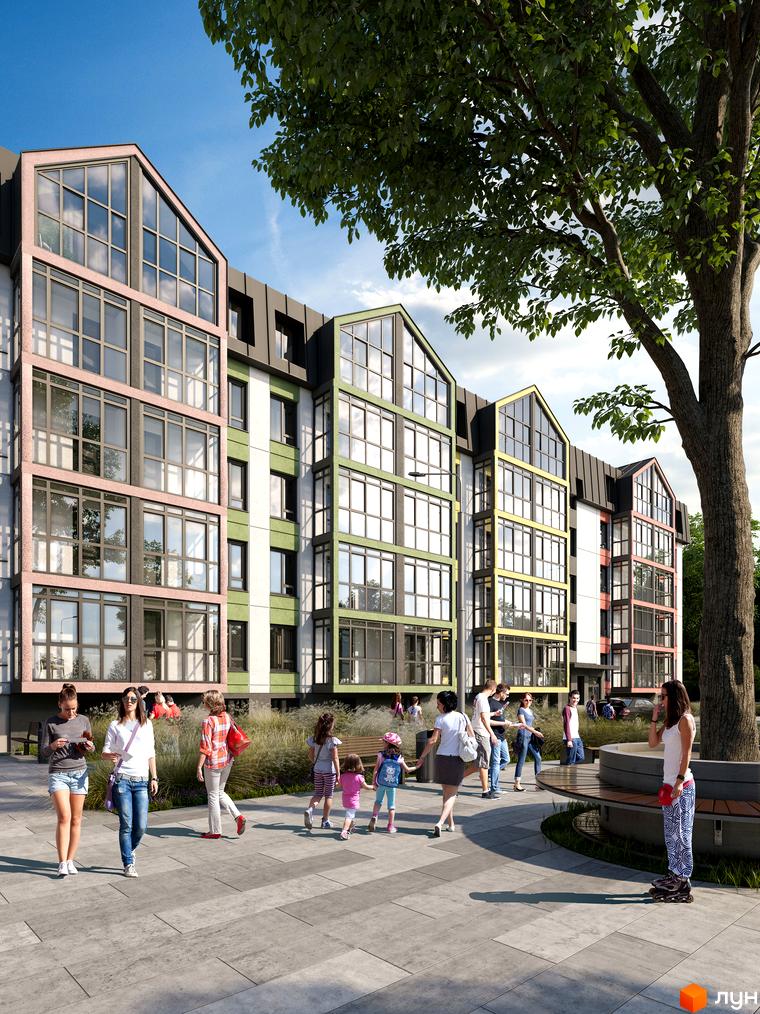 Житловий комплекс Акварель-7 з різнокольоровими фасадами та великими вікнами. На прибудинковій території розташовані дерева та зона відпочинку.