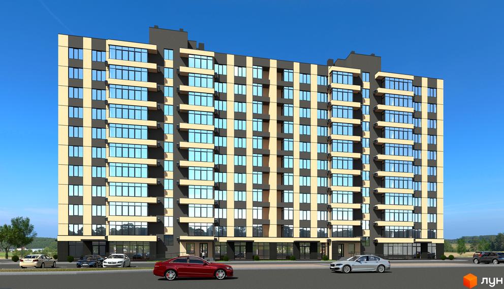 Зовнішній вигляд новобудови ЖК River House з великою кількістю вікон та балконів, перед будинком розташована дорога з автомобілями.