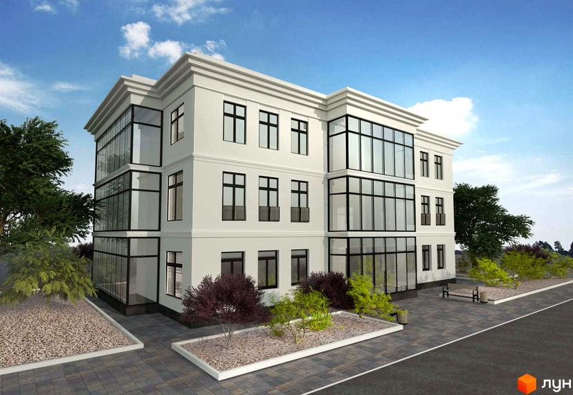 Клубний будинок Crystal House – триповерхова будівля з великими панорамними вікнами та білим фасадом, оточена доглянутою прибудинковою територією з деревами та лавками.