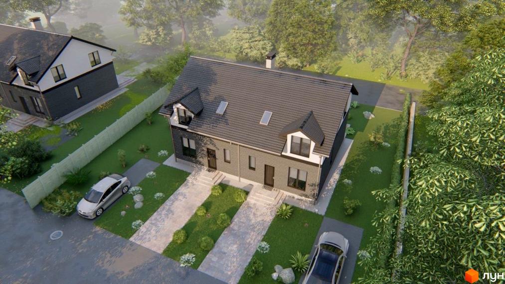 Дуплекси COMFORT HOME: двоповерхові будинки з темним дахом та білими фронтонами, розташовані на доглянутій ділянці з газоном та доріжками.