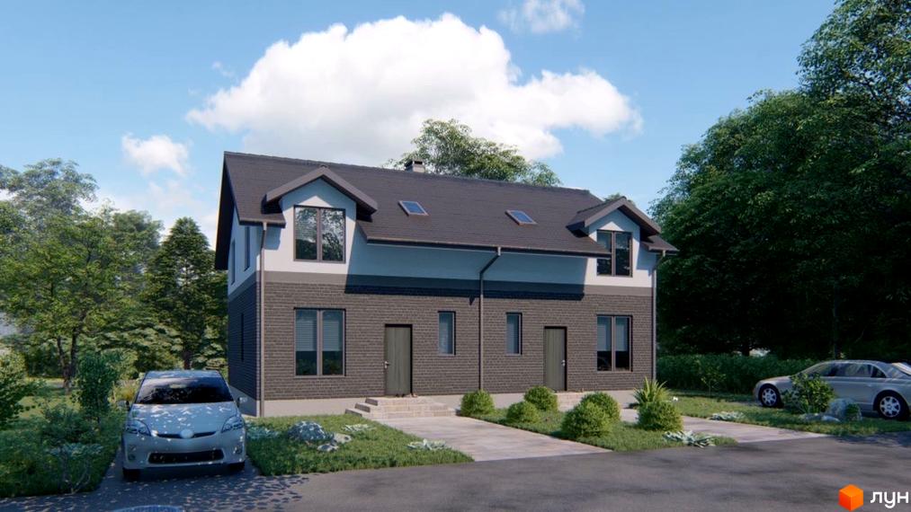 Двоповерхові дуплекси COMFORT HOME з темною цегляною кладкою та сірим дахом. Перед будинками розташовані доглянуті газони та припарковані автомобілі.