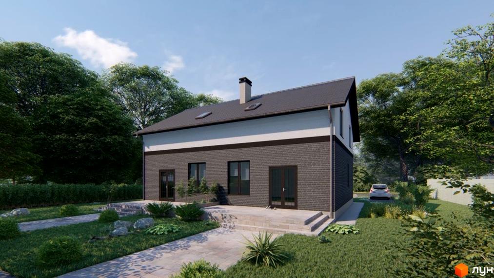 Сучасний двоповерховий будинок з цегляним фасадом та сірим дахом, оточений зеленою прибудинковою територією з доріжками та кущами.