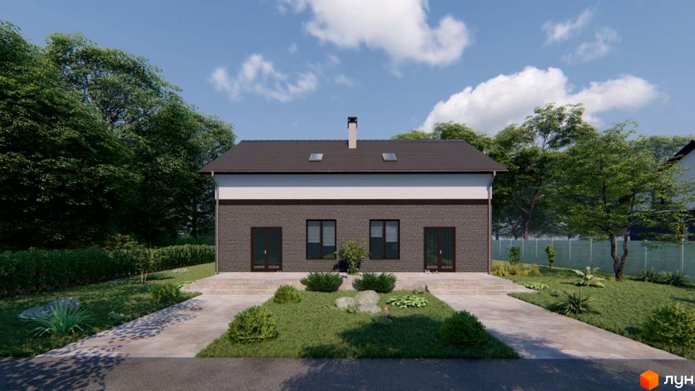 Зовнішній вигляд дуплексу COMFORT HOME з цегляним фасадом та двома входами, розташованого на доглянутій прибудинковій території з газоном та кущами.