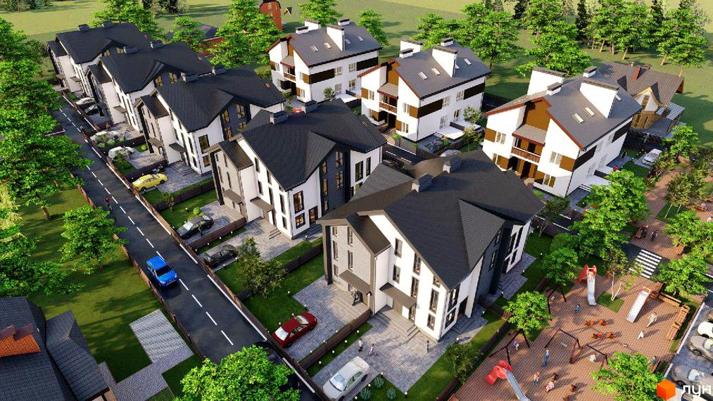 Котеджне містечко КМ Софія Таун 3 з сучасними будинками та дитячим майданчиком. Оглядовий вид на новобудову з автомобілями та деревами.