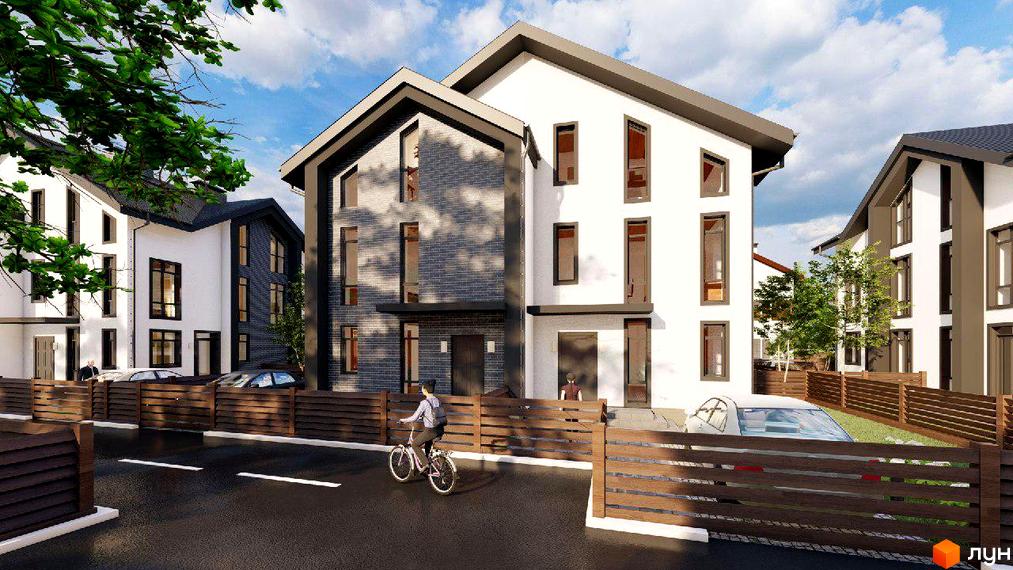 Зовнішній вигляд будинків котеджного містечка КМ Софія Таун 3 з парканом та прибудинковою територією. На зображенні видно кілька двоповерхових будинків з темним дахом та білими стінами, а також зелене дерево та паркан.