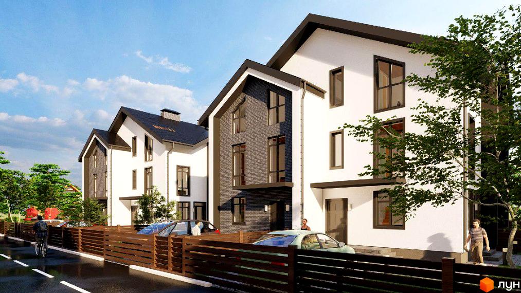 Котеджне містечко Софія Таун 3: триповерхові будинки з білою та сірою цегляною обробкою, великими вікнами та дерев'яним парканом. На території є автомобілі та дерева.