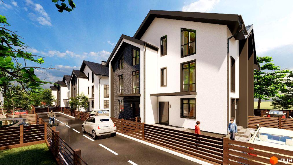 Котеджне містечко КМ Софія Таун 3: фасади будинків з чорними дахами та великими вікнами, огороджена територія з парканом та дорогою.