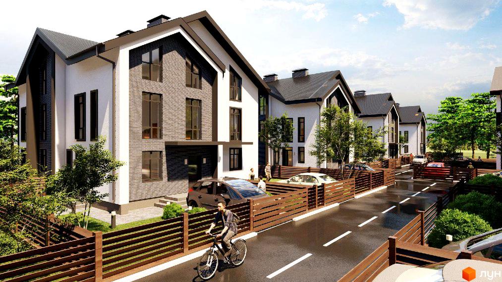 Котеджне містечко КМ Софія Таун 3 з сучасними фасадами та доглянутою прибудинковою територією з паркуванням та зеленими насадженнями.