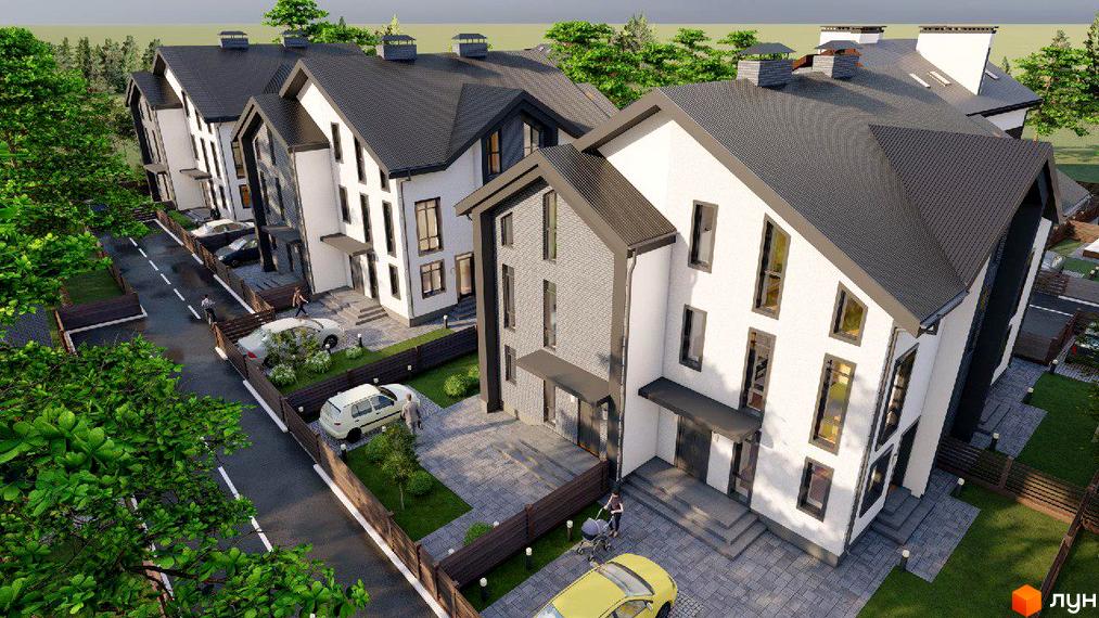 Котеджне містечко Софія Таун 3: фасади будинків з білою штукатуркою та сірою цеглою, дахи покриті темною черепицею. Прибудинкова територія з доглянутими газонами, парканами та автомобілями.