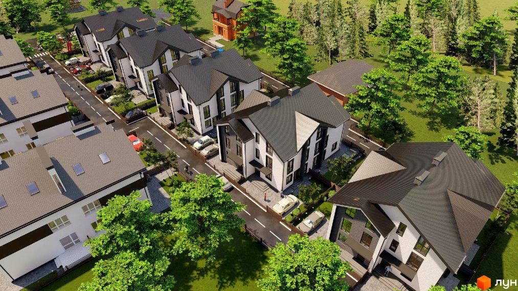 Зовнішній вигляд котеджного містечка КМ Софія Таун 3 з білими фасадами та темними дахами, розташованого біля дороги з припаркованими автомобілями та зеленими деревами.