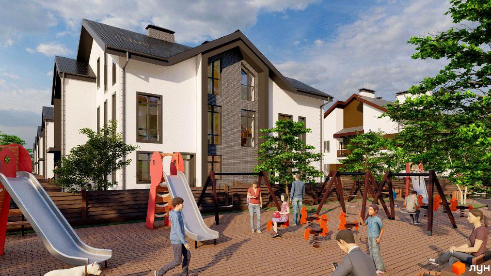 Котеджне містечко КМ Софія Таун 3: фасади будинків та дитячий майданчик з гойдалками та гірками.