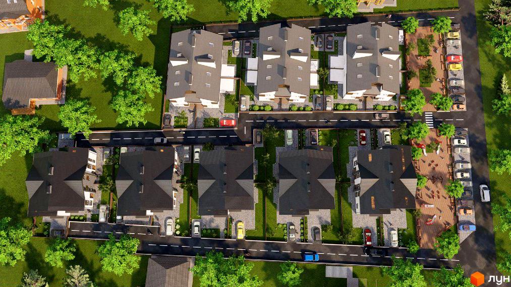 Котеджне містечко КМ Софія Таун 3 - вид зверху на ряди будинків з темними дахами та прибудинковою територією з деревами та місцями для паркування.