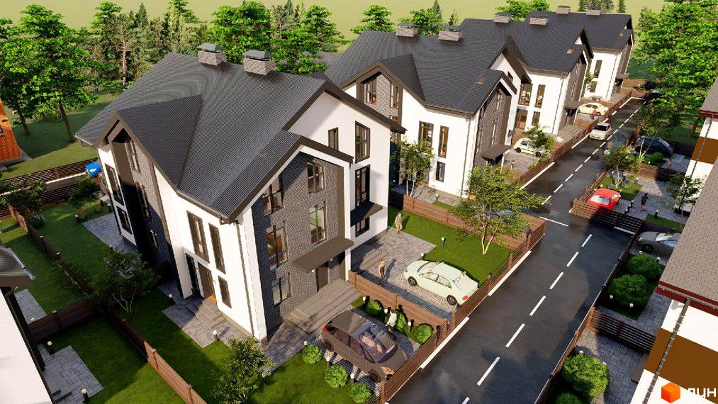 Зовнішній вигляд будинків котеджного містечка КМ Софія Таун 3 з прибудинковою територією та дорогою. Огляд новобудови.