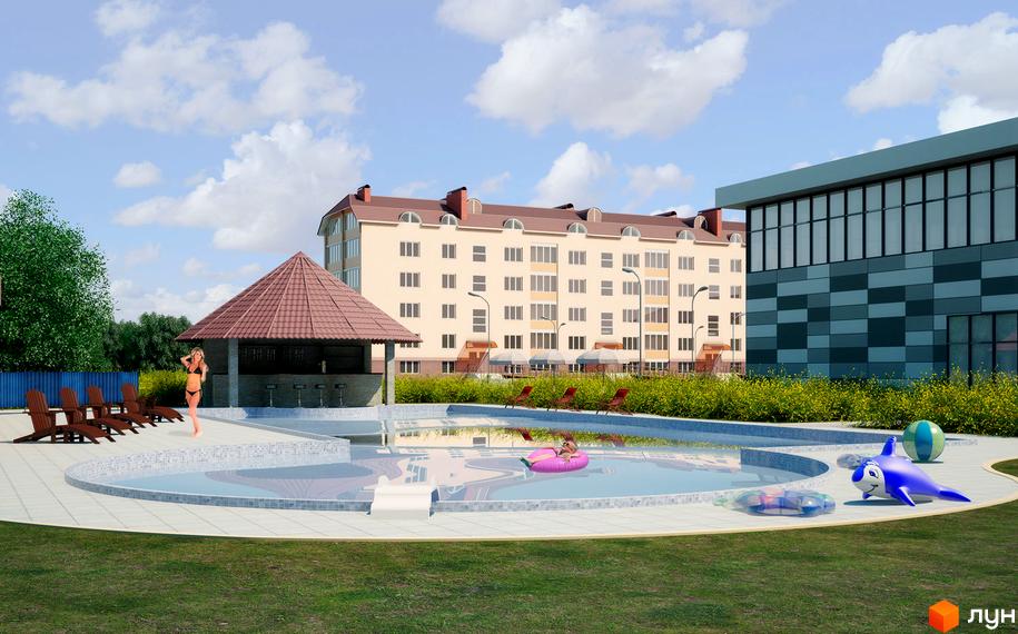 Житловий комплекс Садовий з басейном та зоною відпочинку. На території розташований бар, шезлонги та дитячі атракціони.