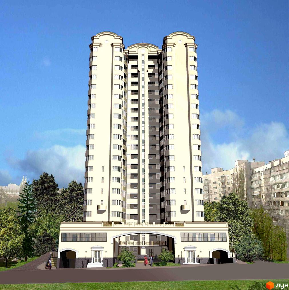 Житловий комплекс Затишний дім - висотна новобудова з світлим фасадом та численними вікнами. Навколо будинку зелені дерева та доглянута прибудинкова територія.