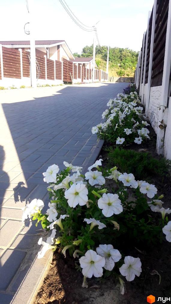 Котеджне містечко КМ Данилівський: акуратні будинки з дерев'яними парканами та доглянута прибудинкова територія з квітами.