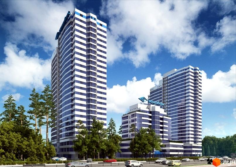 Житловий комплекс на проспекті Берестейському, 115а, з сучасною архітектурою та зеленими насадженнями навколо.