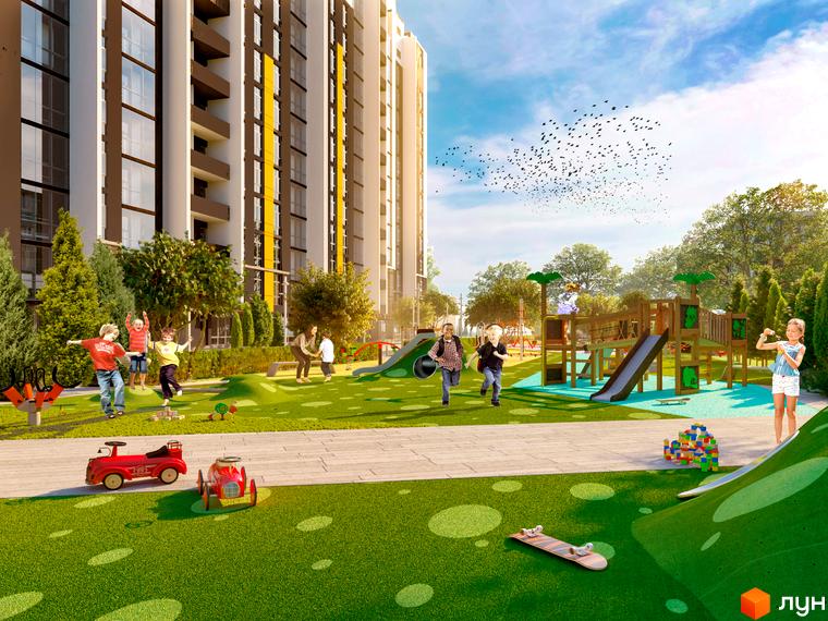 Житловий комплекс Central Bucha. Сучасний житловий комплекс із дитячим майданчиком та зеленими зонами для відпочинку. Діти граються на майданчику.