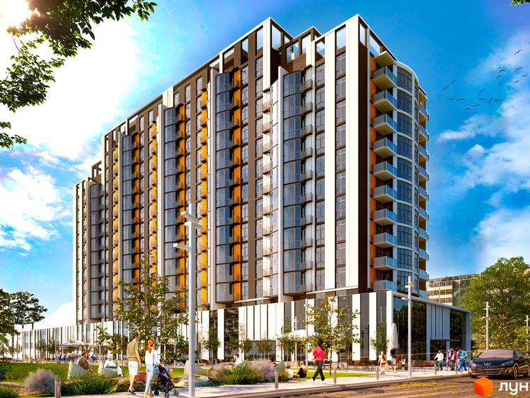 Житловий комплекс Central Bucha - сучасна багатоповерхова новобудова з панорамними вікнами та балконами. Прибудинкова територія з зеленими зонами та місцями для відпочинку.