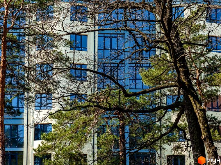 Житловий комплекс Royal Park: світлий фасад з великими вікнами, що просвічується крізь гілки хвойних та листяних дерев.