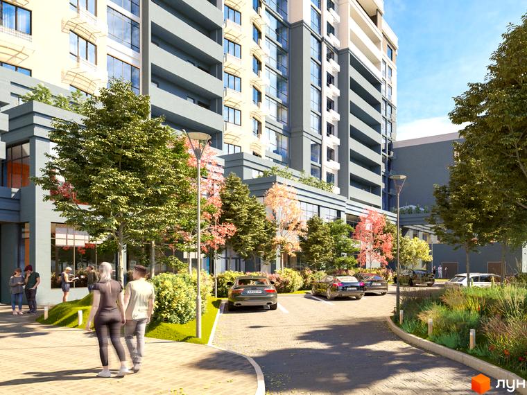 Житловий комплекс Royal Park з фасадом у світлих тонах. На території комплексу є зелені насадження, парковка для автомобілів та тротуар для пішоходів.
