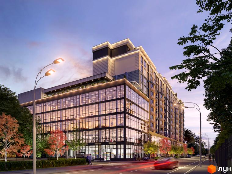 Житловий комплекс Royal Park з панорамними вікнами та підсвіткою фасаду. На території комплексу висаджені дерева та облаштовані тротуари.