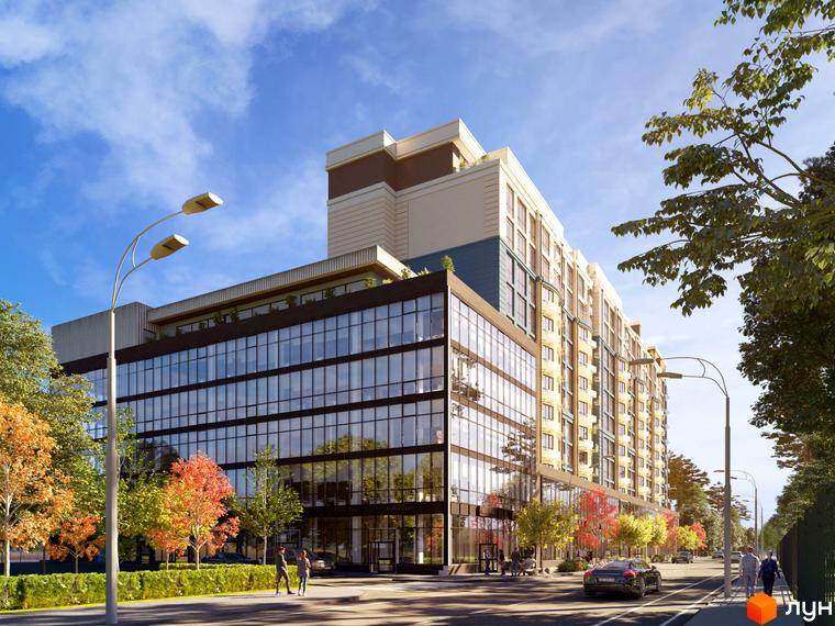 Житловий комплекс Royal Park: багатоповерхова будівля з темним скляним низом та світлими верхніми поверхами. Навколо осінні дерева, пішохідна зона та дорога.