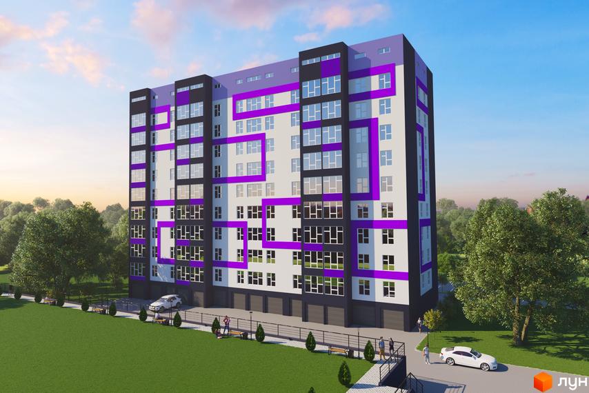 Житловий комплекс Avila Line – це сучасна новобудова з яскравим фасадом та фіолетовими акцентами, розташована на доглянутій прибудинковій території з зеленими зонами та місцями для відпочинку.