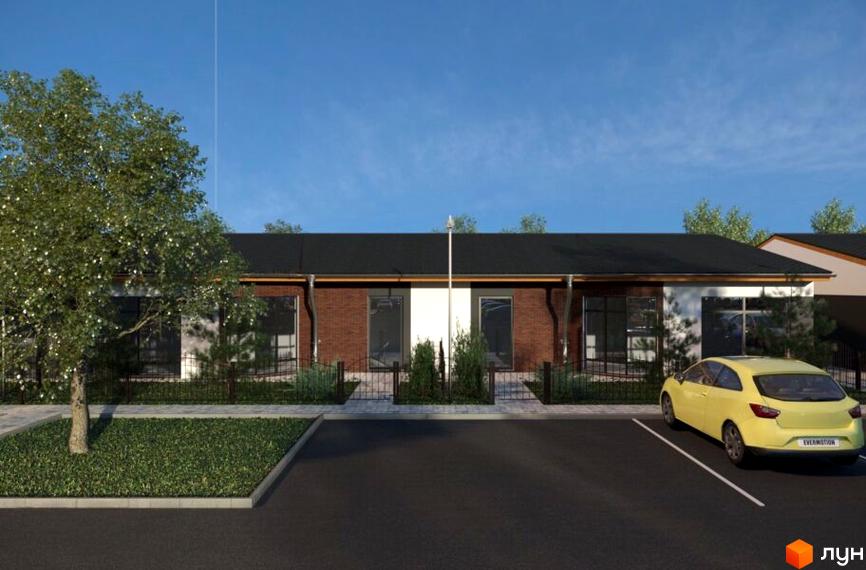 Таунхауси GRAND FAMILY VILLAGE: фасади з цегли та білих панелей, великі вікна, паркомісце з жовтим авто. Зелена зона з деревом та парканом.