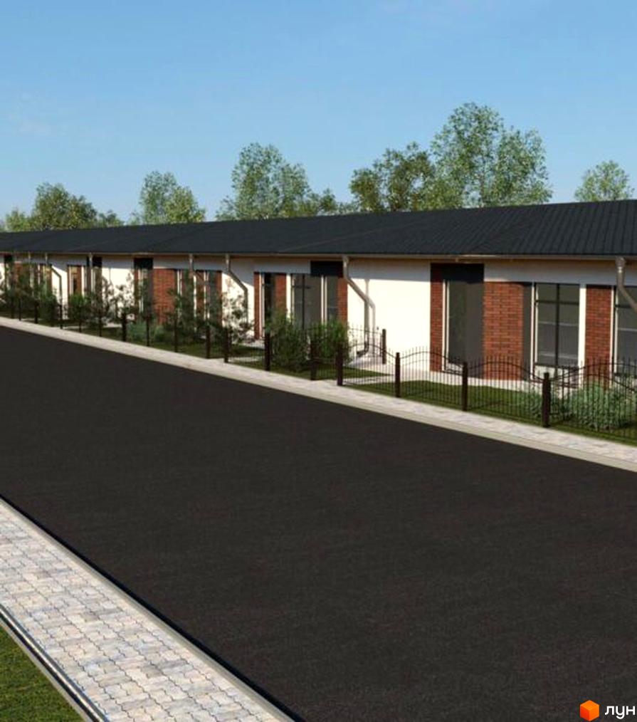 Таунхауси GRAND FAMILY VILLAGE – це двоповерхові будинки з цегляним фасадом та чорним дахом, розташовані вздовж асфальтованої дороги з бруківкою та зеленими насадженнями.