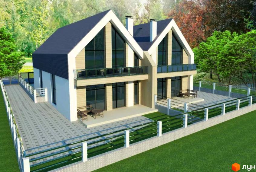 Сучасний двоповерховий будинок з великими вікнами та балконом, огороджена територія з бруківкою та зеленими насадженнями.