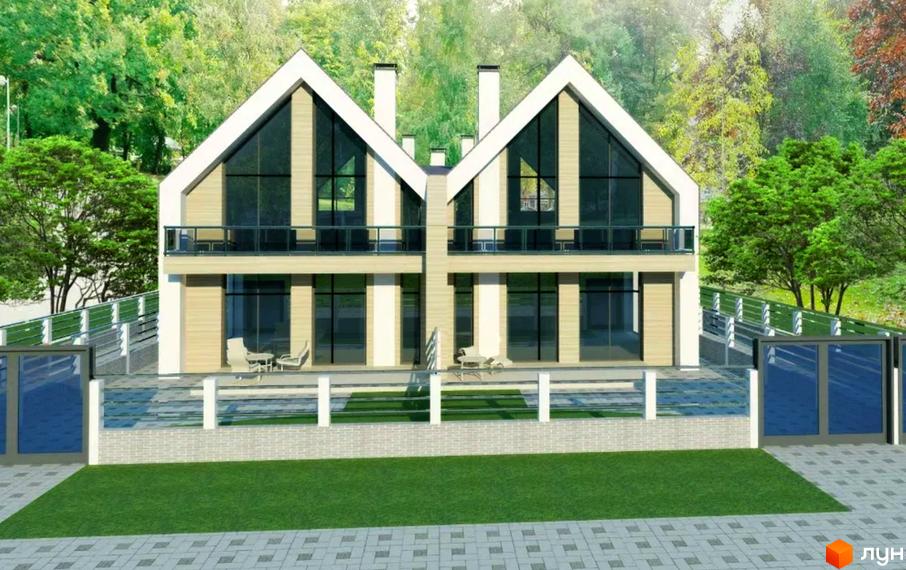 Двоповерховий будинок з великими вікнами та балконами, оточений зеленню та огородженою територією. Проєкт Квадрекси „Вишневі“.