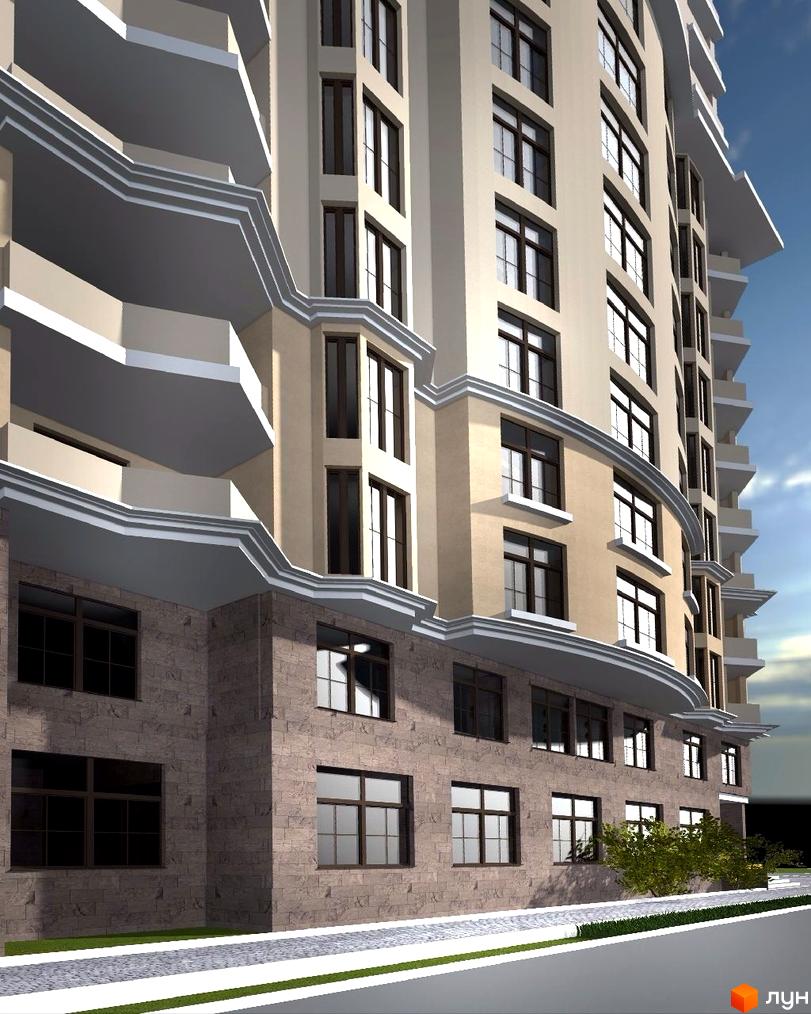 Житловий комплекс Симфонія з фасадом з великими вікнами та балконами. Прибудинкова територія з зеленими насадженнями та пішохідними доріжками.