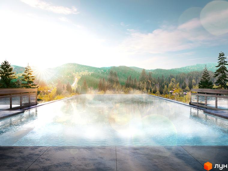 Apartel Skhidnytsya - новобудова з басейном-інфініті та мальовничим краєвидом на гори та ліс. Територія комплексу оточена зеленню та деревами.