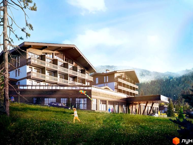 Apartel Skhidnytsya - новобудова з дерев'яними фасадами та балконами, розташована на схилі гори серед зелені та дерев.