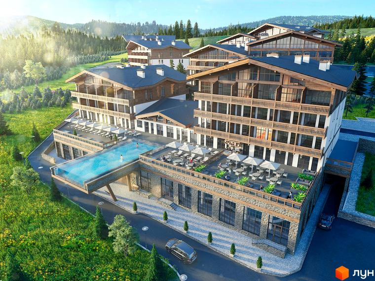 Apartel Skhidnytsya - новобудова з панорамним басейном та терасами, оточена зеленими схилами гір. Комплекс має багатоповерхові корпуси з дерев'яними елементами та балконами.