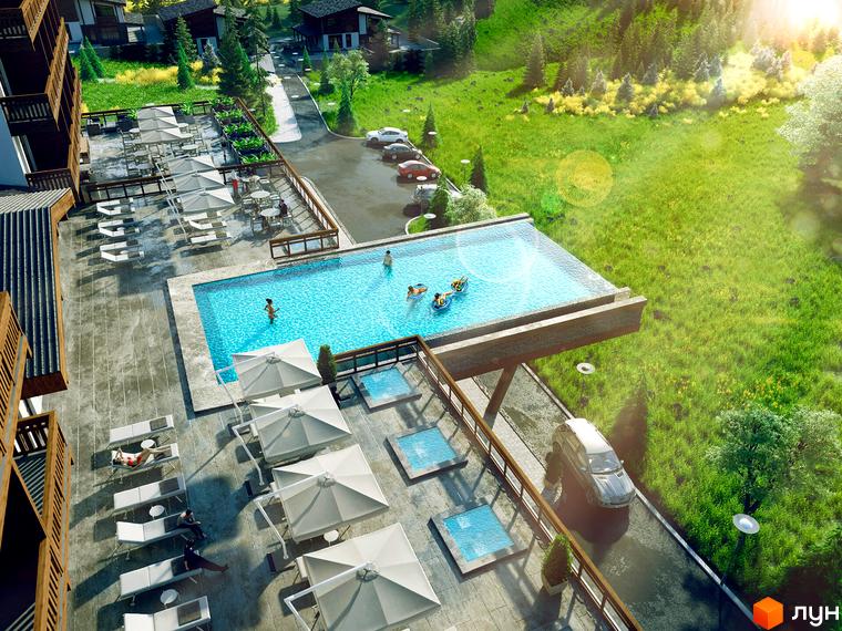 Apartel Skhidnytsya: комплекс з басейном на даху та зоною відпочинку. Навколо зелена зона з деревами та парковка.