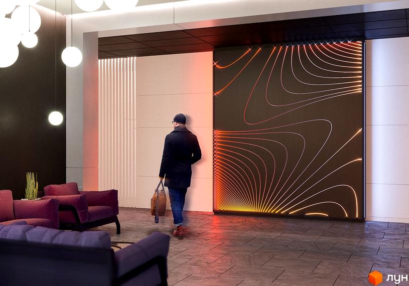 Житловий комплекс Great: вхідна група з футуристичним дизайном та підсвіткою. Людина з сумкою заходить до просторого холу з диванами.