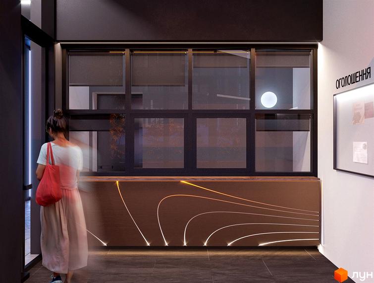 Зовнішній вигляд новобудови ЖК Great з фасадом з темних матеріалів та підсвічуванням. Вікна з ролетами та вхідна група.