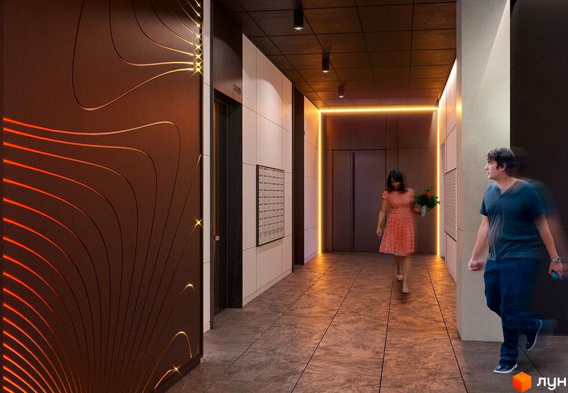 Сучасний дизайн вхідної групи житлового комплексу Great з елегантною обробкою стін та підлоги. Простір доповнюють лінійні світильники та зручні ліфти.