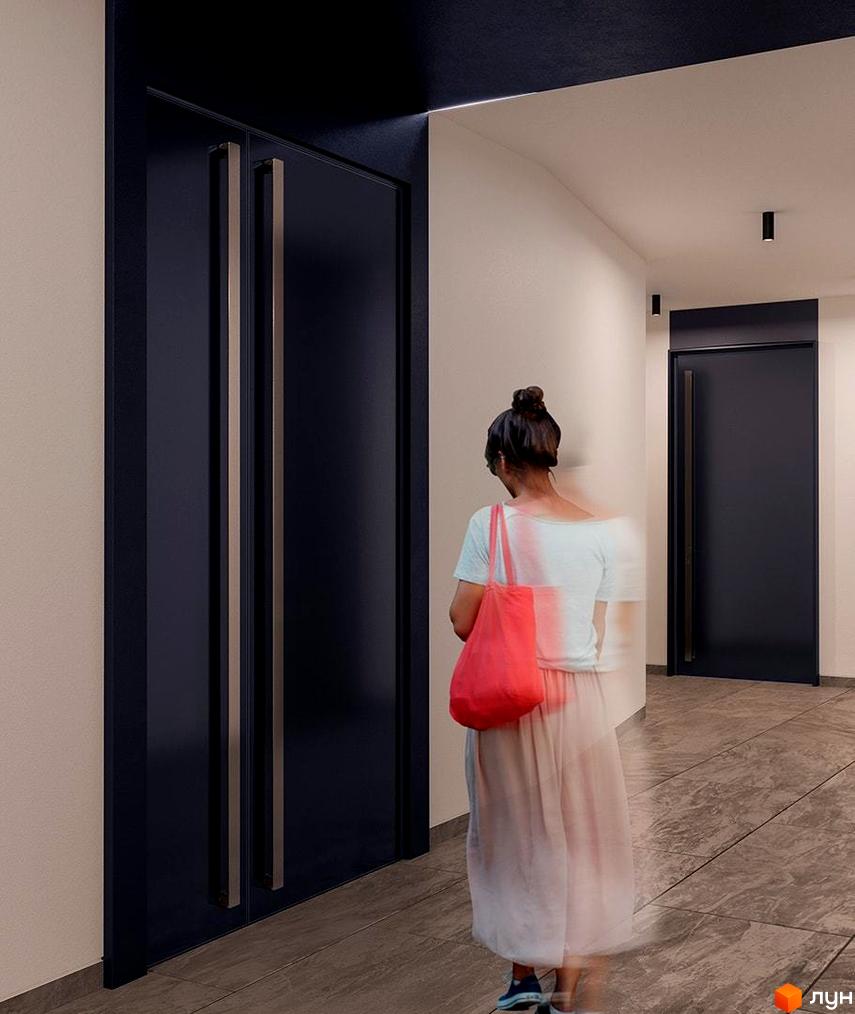 Житловий комплекс Great: сучасний дизайн вхідної групи з подвійними дверима та стильними ручками. Коридор з плиткою на підлозі та приглушеним освітленням.