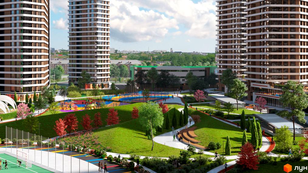Житловий комплекс Great з багатоповерховими будинками та доглянутою прибудинковою територією з дитячими майданчиками та зеленими зонами.